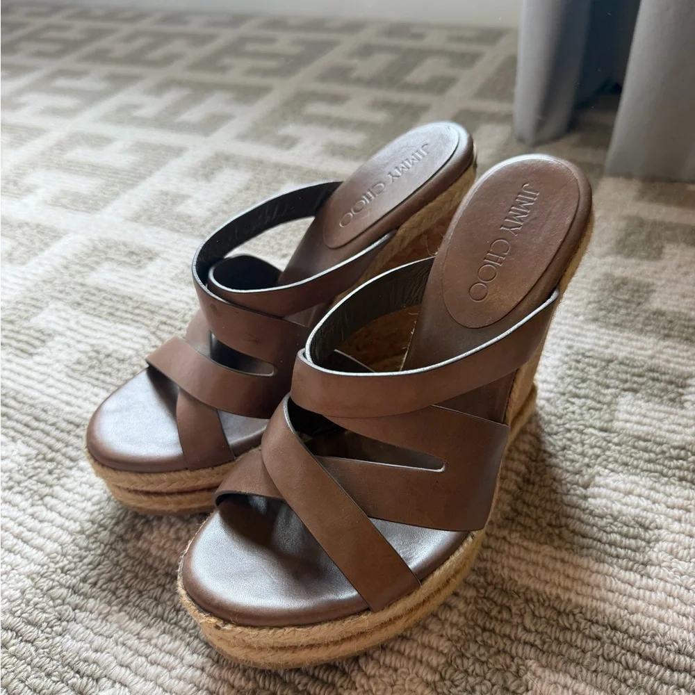 Jimmy Choo Taupe Crisscross Wedge Espadrille Slides